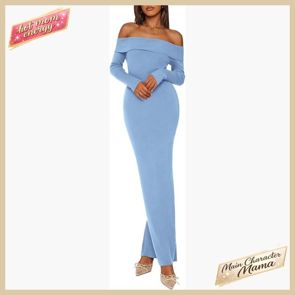 Off Shoulder Bodycon Maxi Dress Long Sleeve Back Slit Cocktail Party Elegant